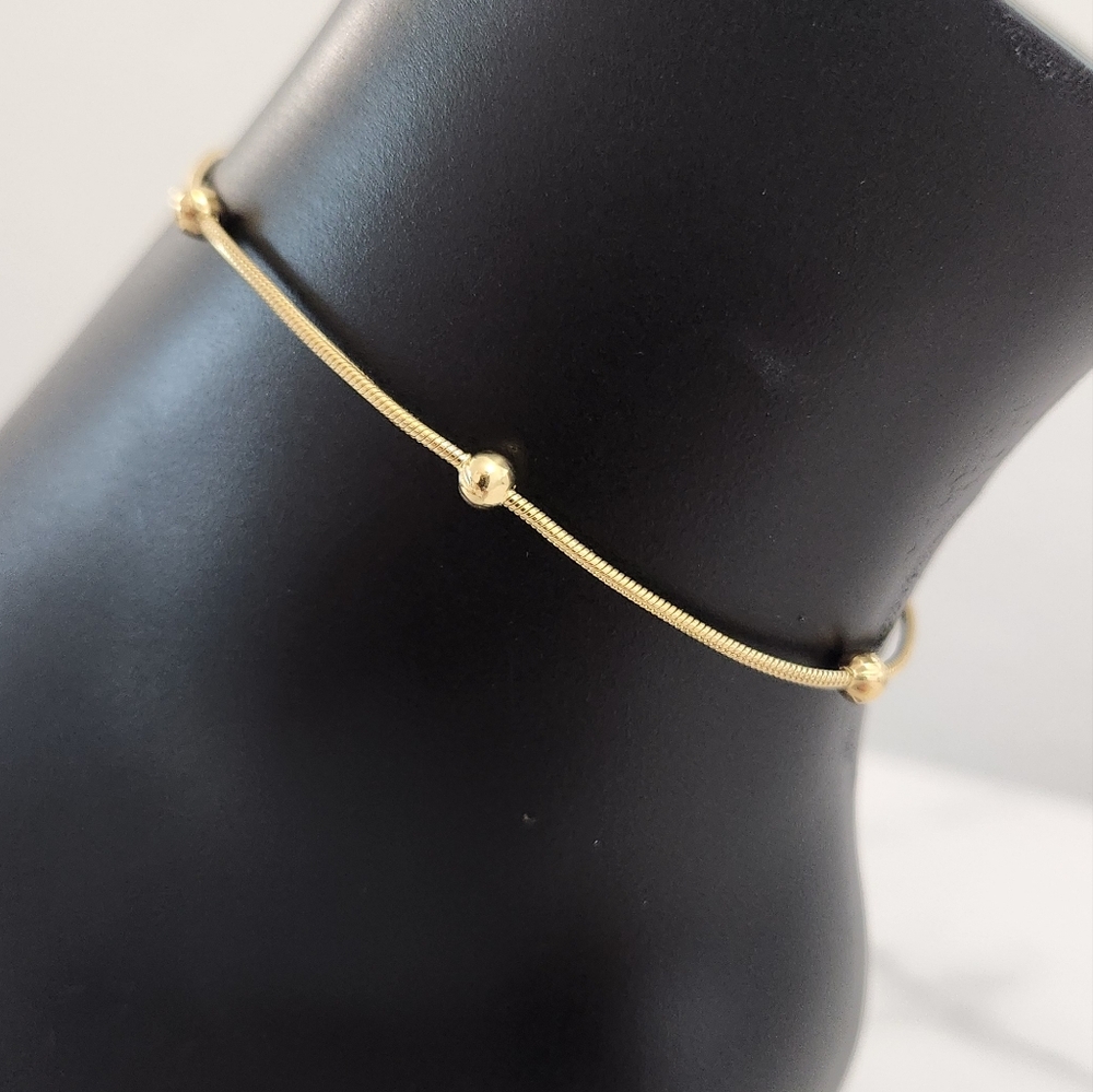 Gold Plated Anklet • Snake Chain with Round Beads • Adjustable Dainty Anklet - Picture 4 of 11